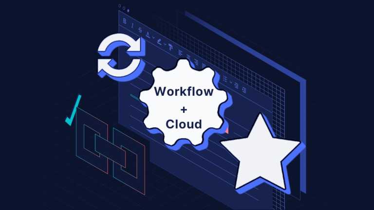 The workflow config in the cloud represented by arrow, gear, and star icons