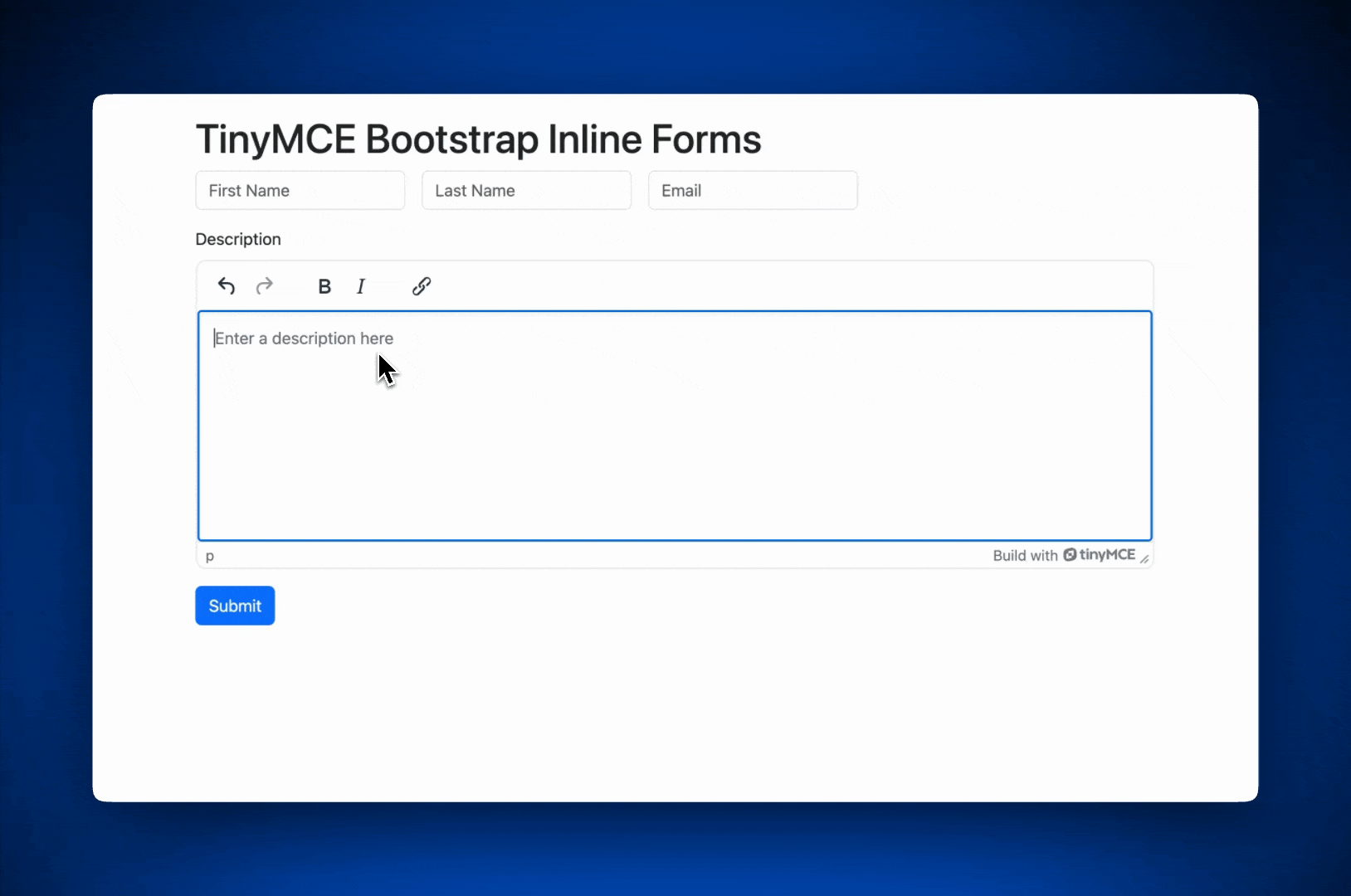 A Bootstrap demo with a TinyMCE rich text editor