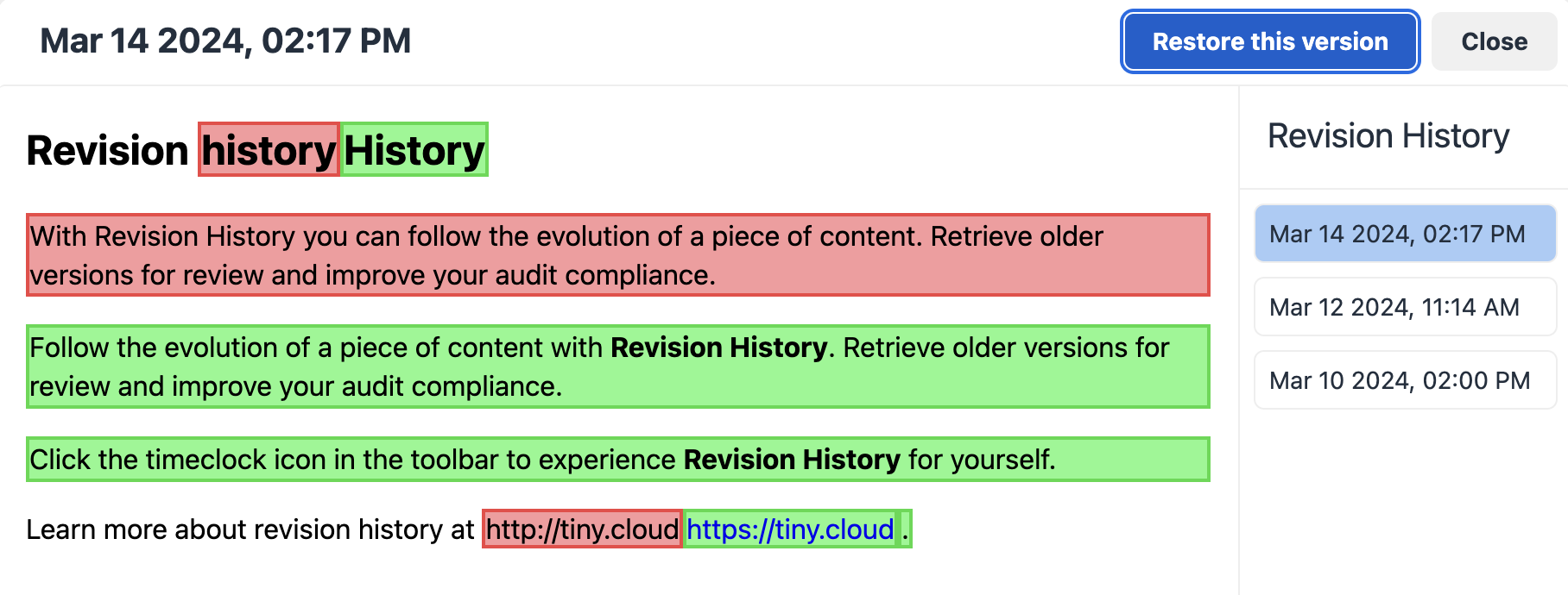 The TinyMCE Revision History Interface working in the browser
