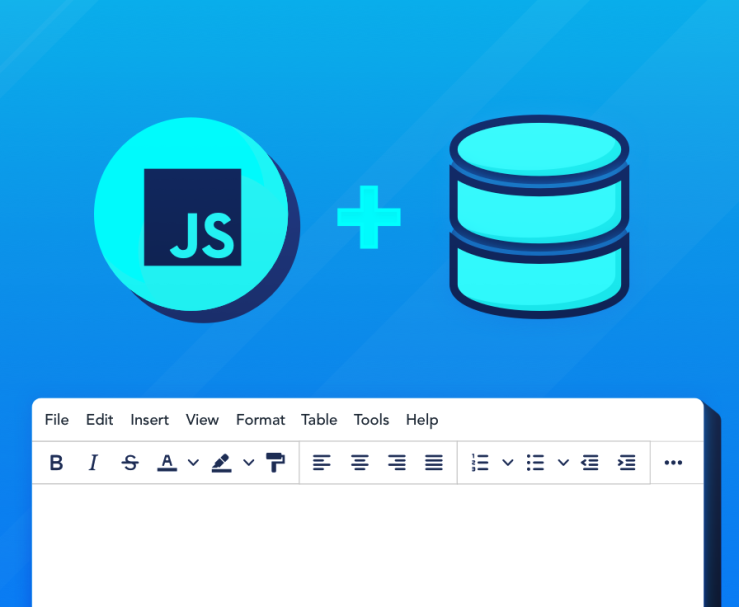 Abstract illustration of JavaScript logo, database, and rich text editor window.