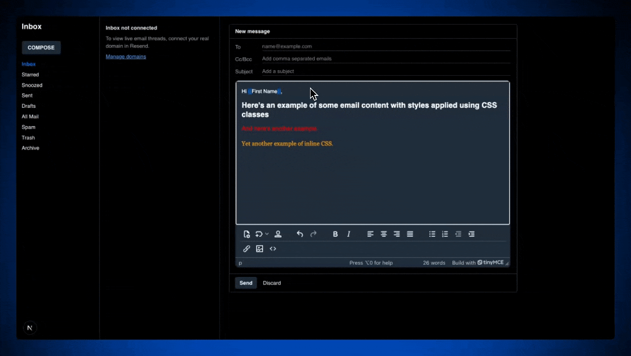 The rich text editor web component TinyMCE with the Inline CSS plugin in an email messaging system wireframe