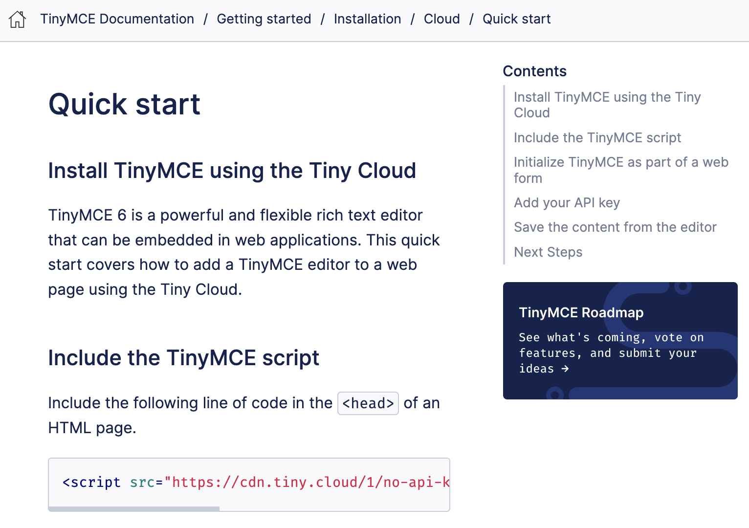 TinyMCE Roadmap link on the docs site