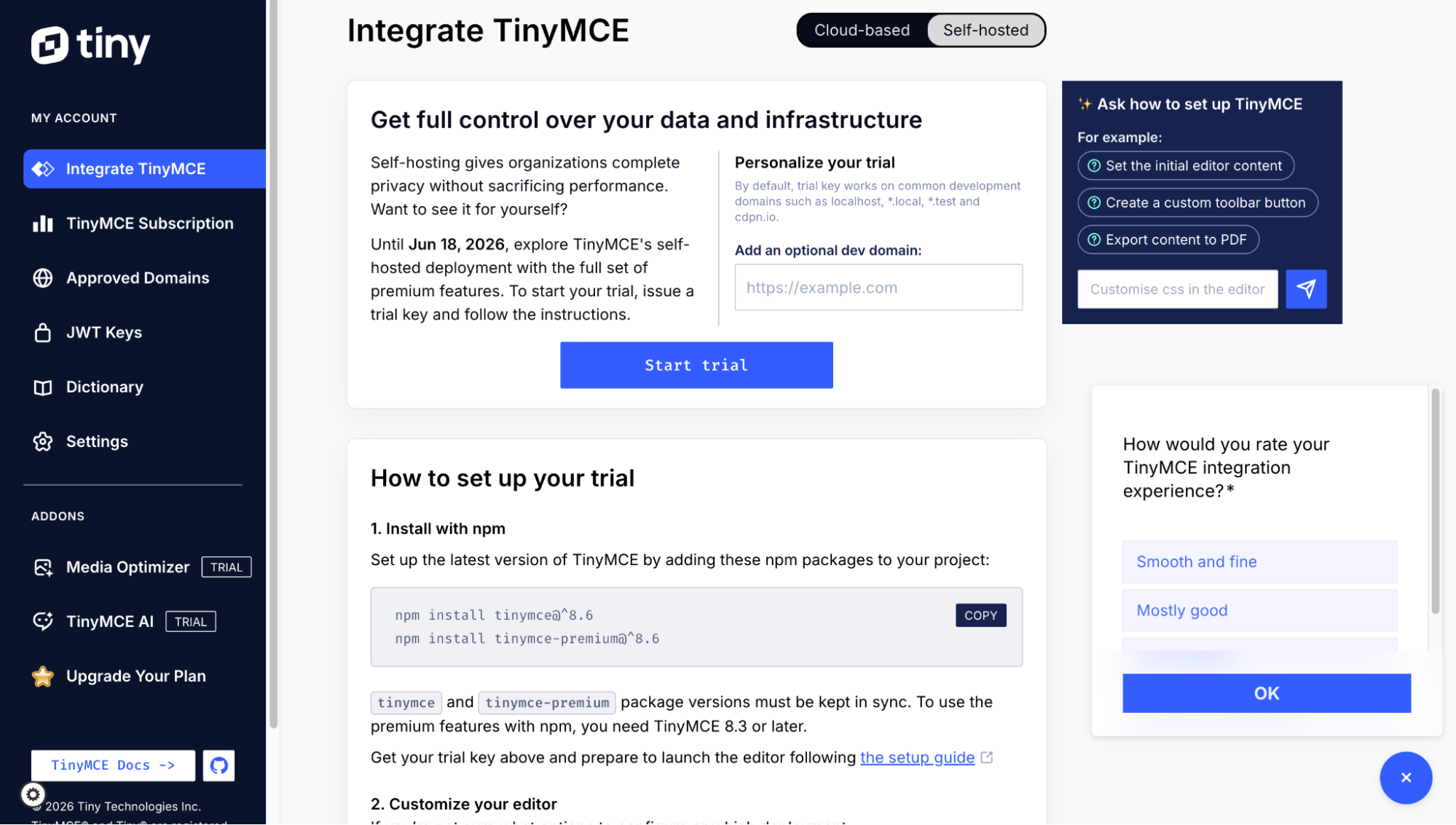 The TinyMCE Account Dashboard