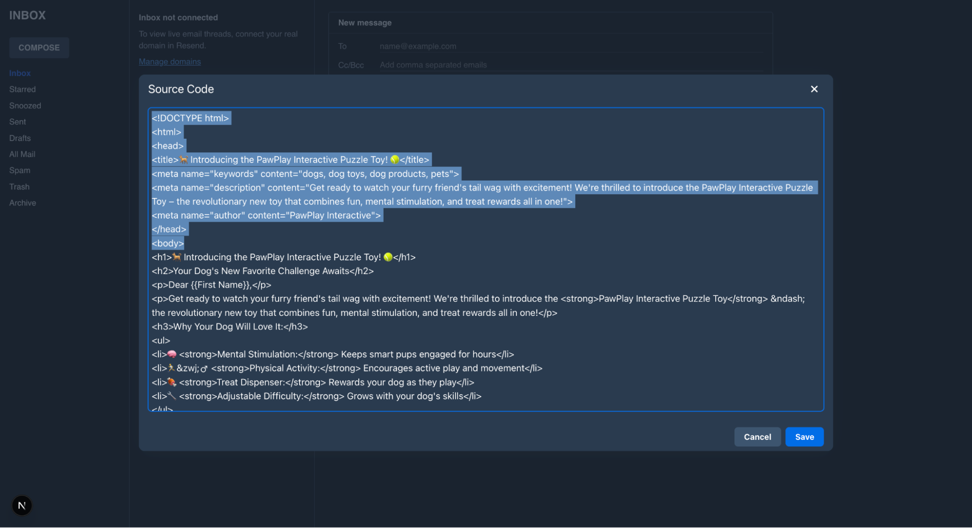 The rich text editor web component TinyMCE with the Full Page HTML plugin in an email messaging system wireframe