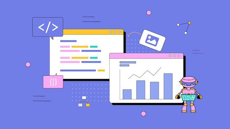 Charts and code brackets are arrayed together with a robot character completing results analysis