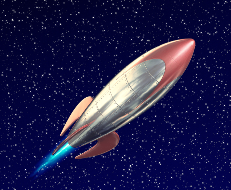 Illustration of rocket flying through space with blue flame behind.