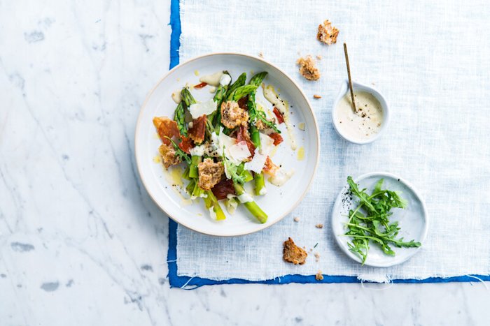 Green Asparagus with Crispy Ganda Ham and Parmesan
