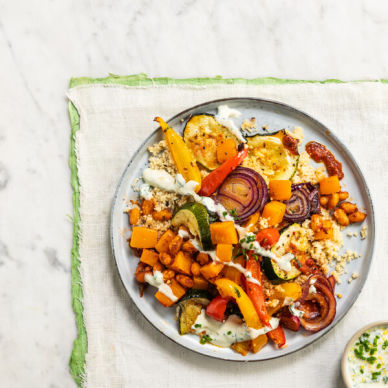 Harissa Butter Bean & Roasted Root Vegetables with Herby Dressing and Couscous
