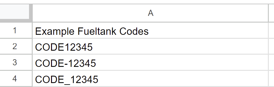 example fuel tank codes
