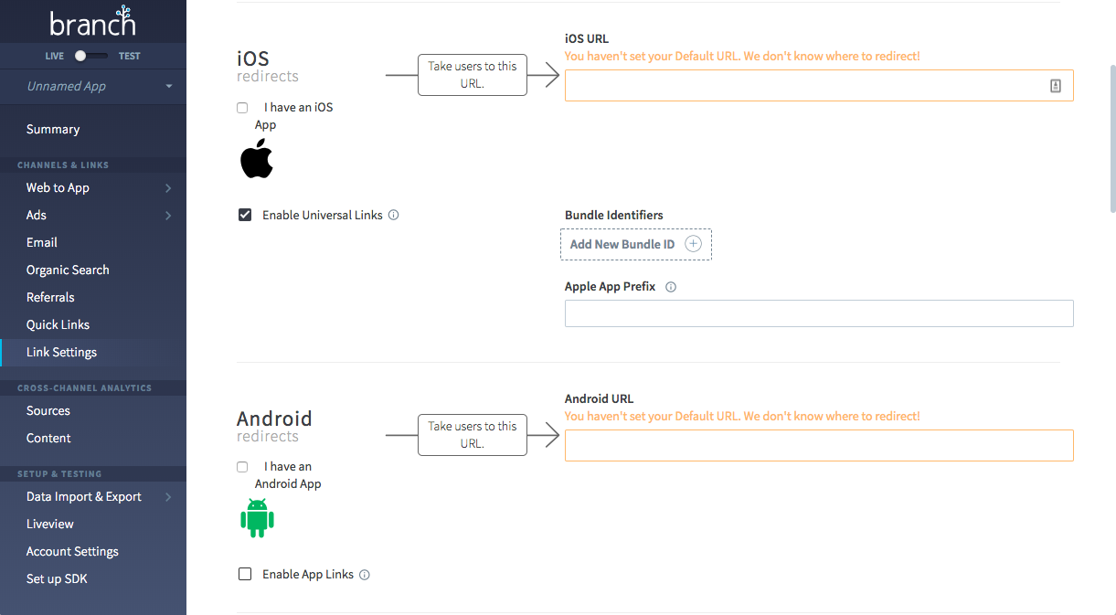 Branch Metrics link settings