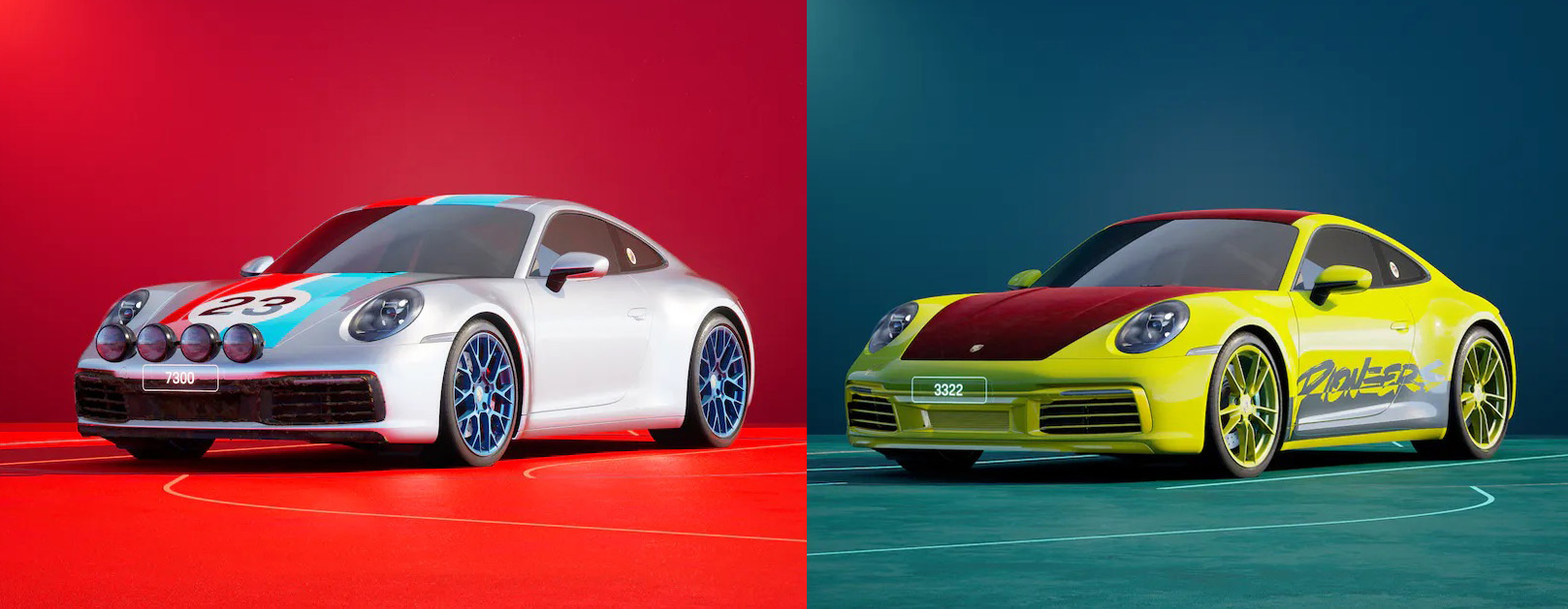 Silver Porsche 911 NFT and yellow Porsche 911 NFT