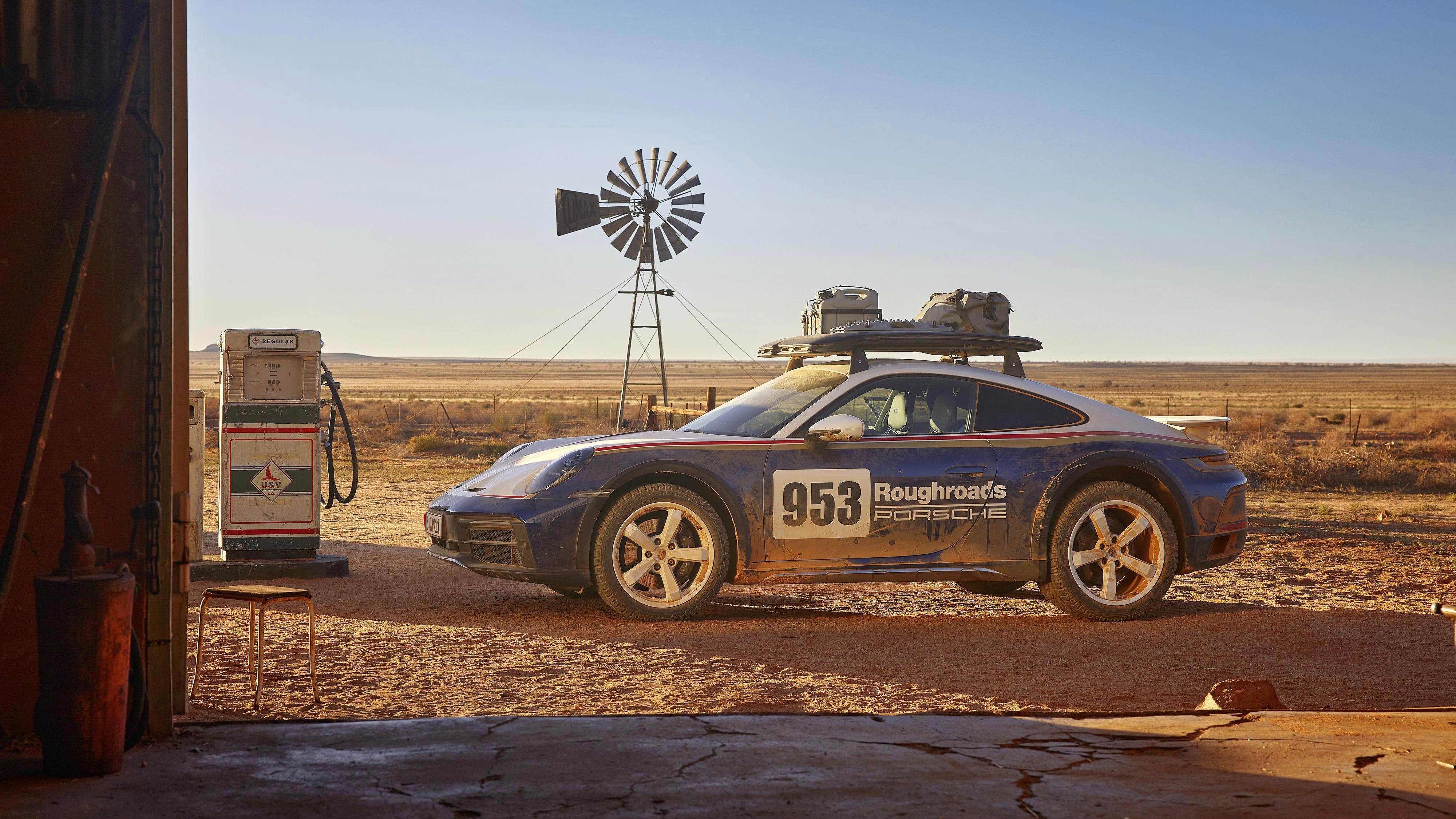 Porsche 911 Dakar at a desert fuel station