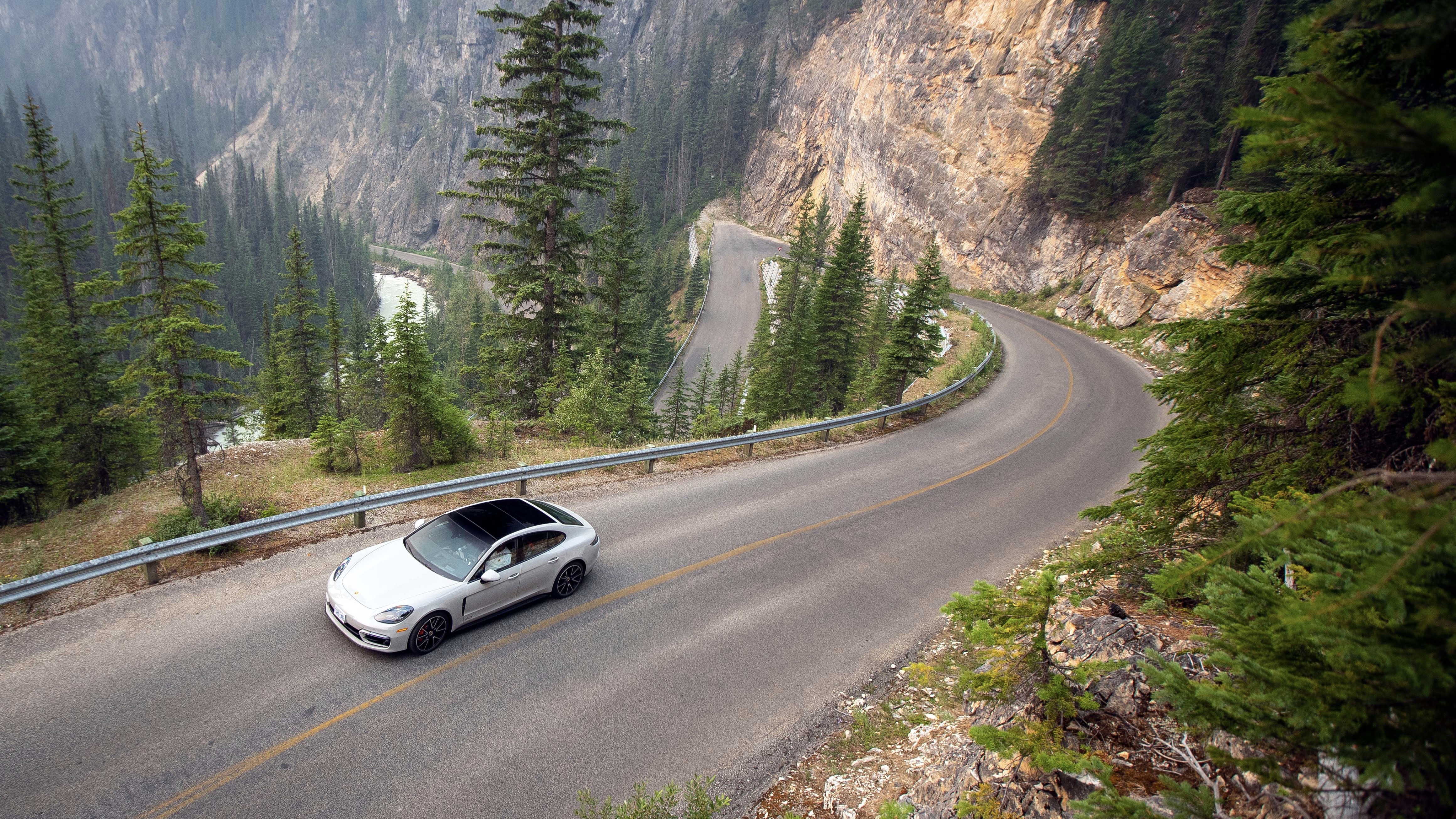 Porsche Panamera on a mountain road in the Canadian Rockies