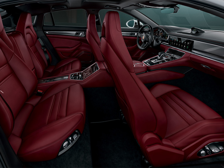 Red leather seats inside a Porsche Panamera 4S E-Hybrid