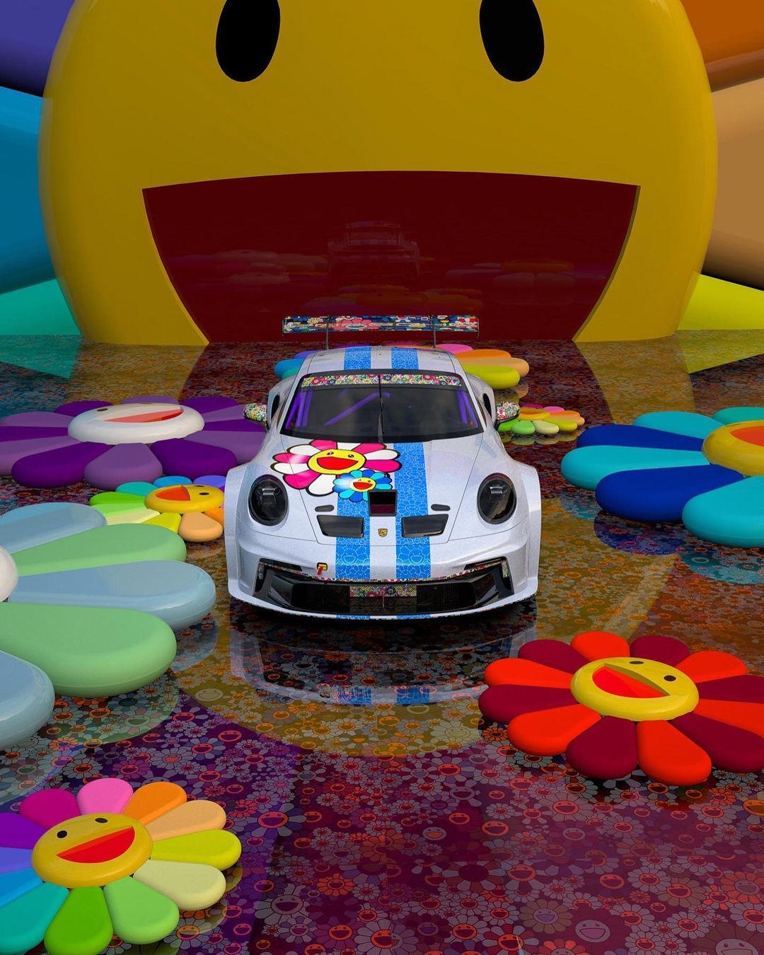 Porsche 911 GT3 Cup, surrounded by surreal smiling flowers