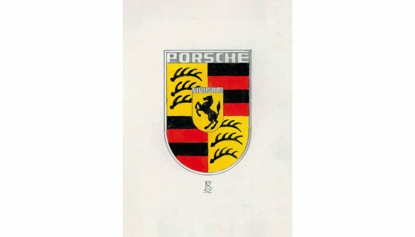 Pencil drawing of Porsche crest with red, black and yellow colouring