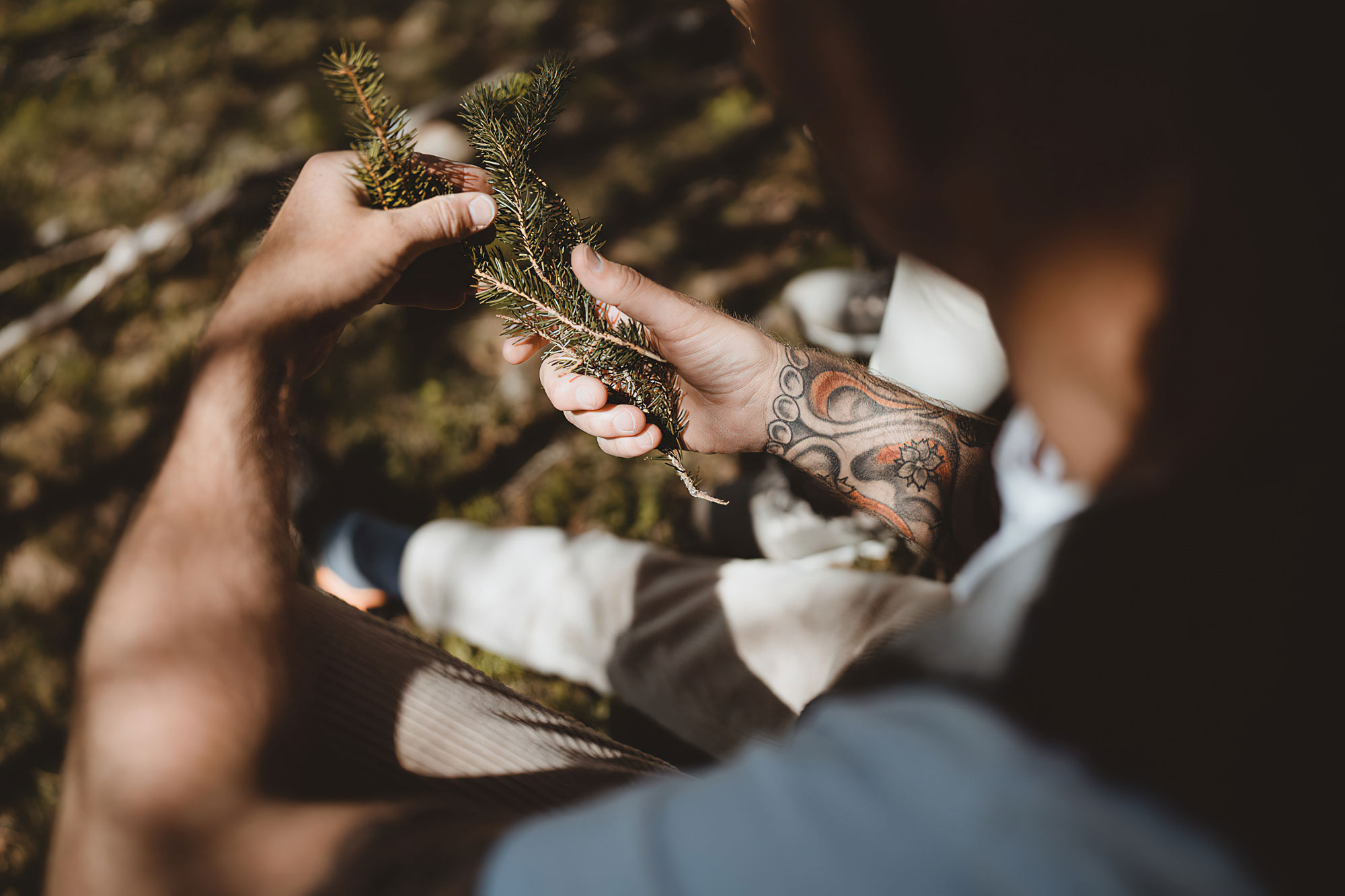A close-up of man with tattooed arms holding spruce branches