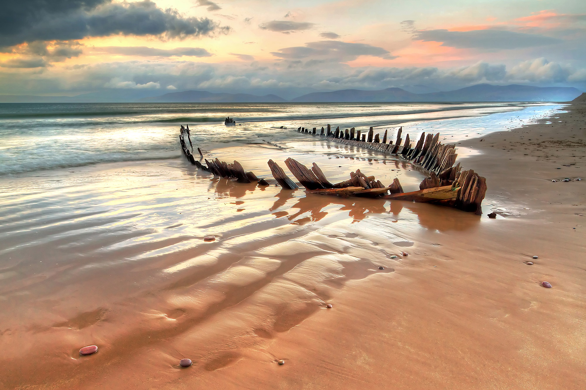 Skeleton of a ship on the beach