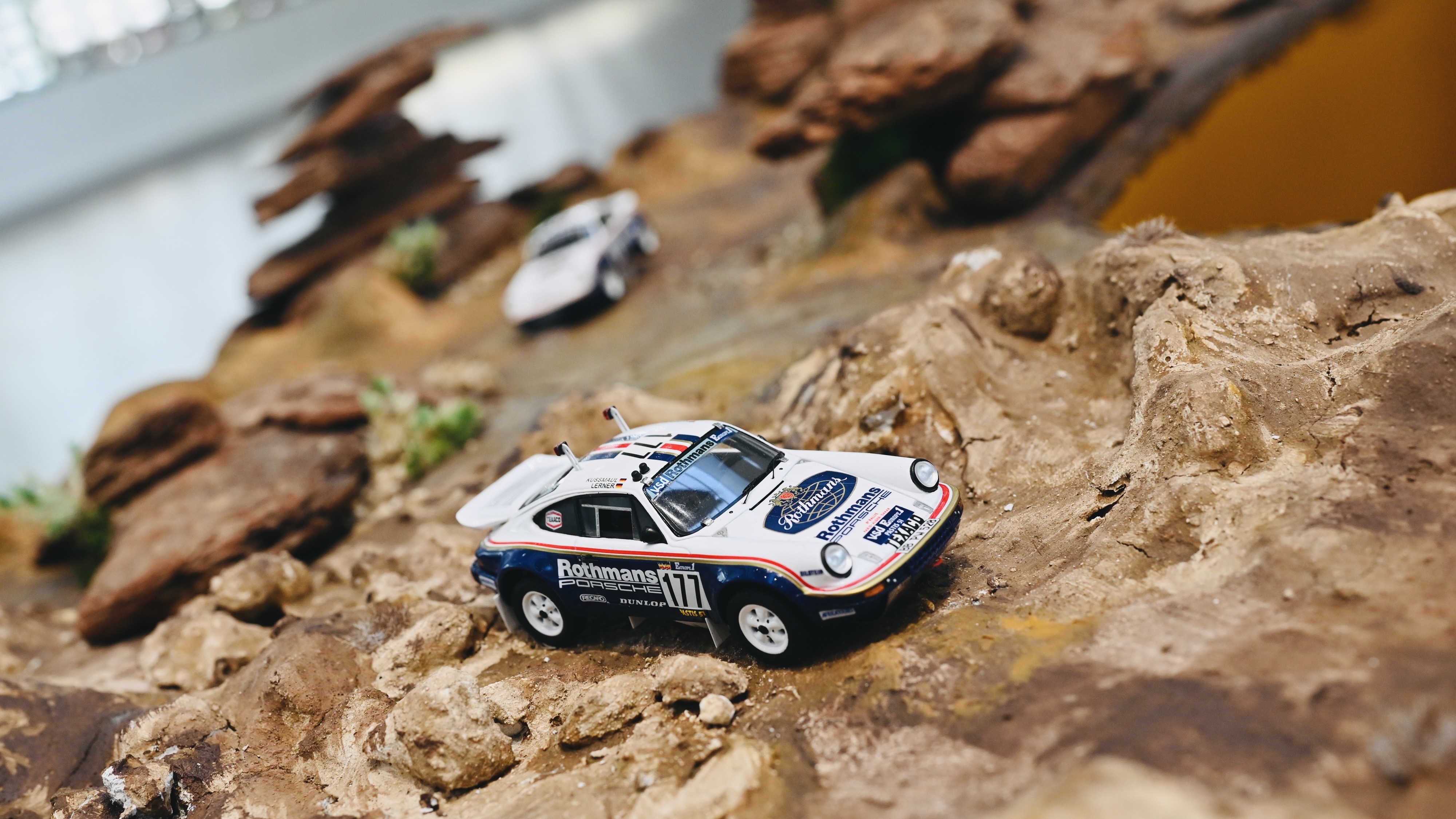 Small scale model of Rothmans Porsche 911 (953) Paris-Dakar car