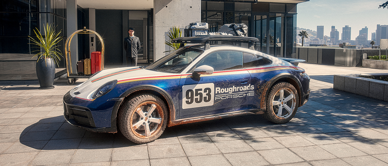 Porsche 911 with Rallye Design Package outside a hotel 