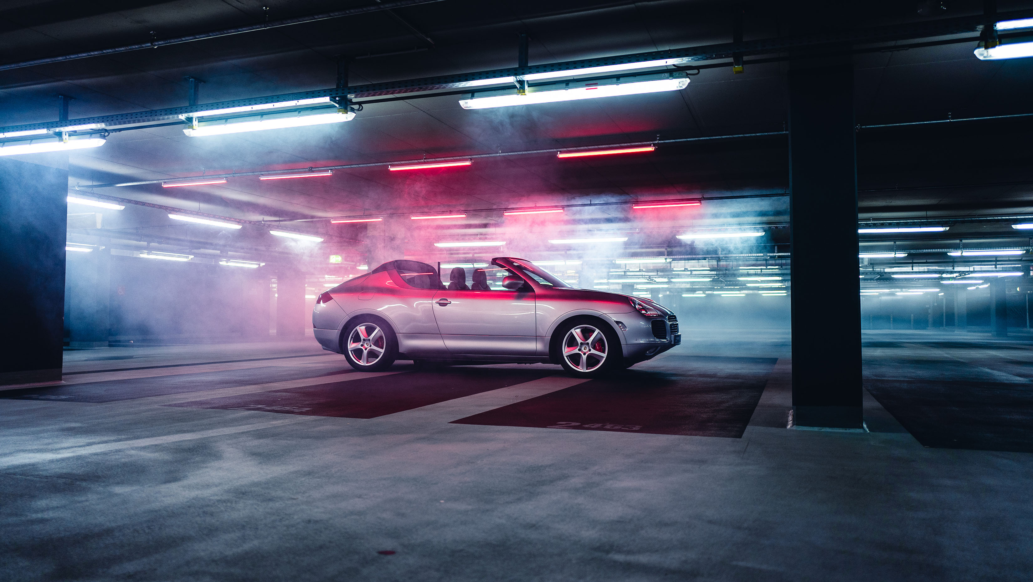 A Cayenne convertible concept car pictured in an underground garage