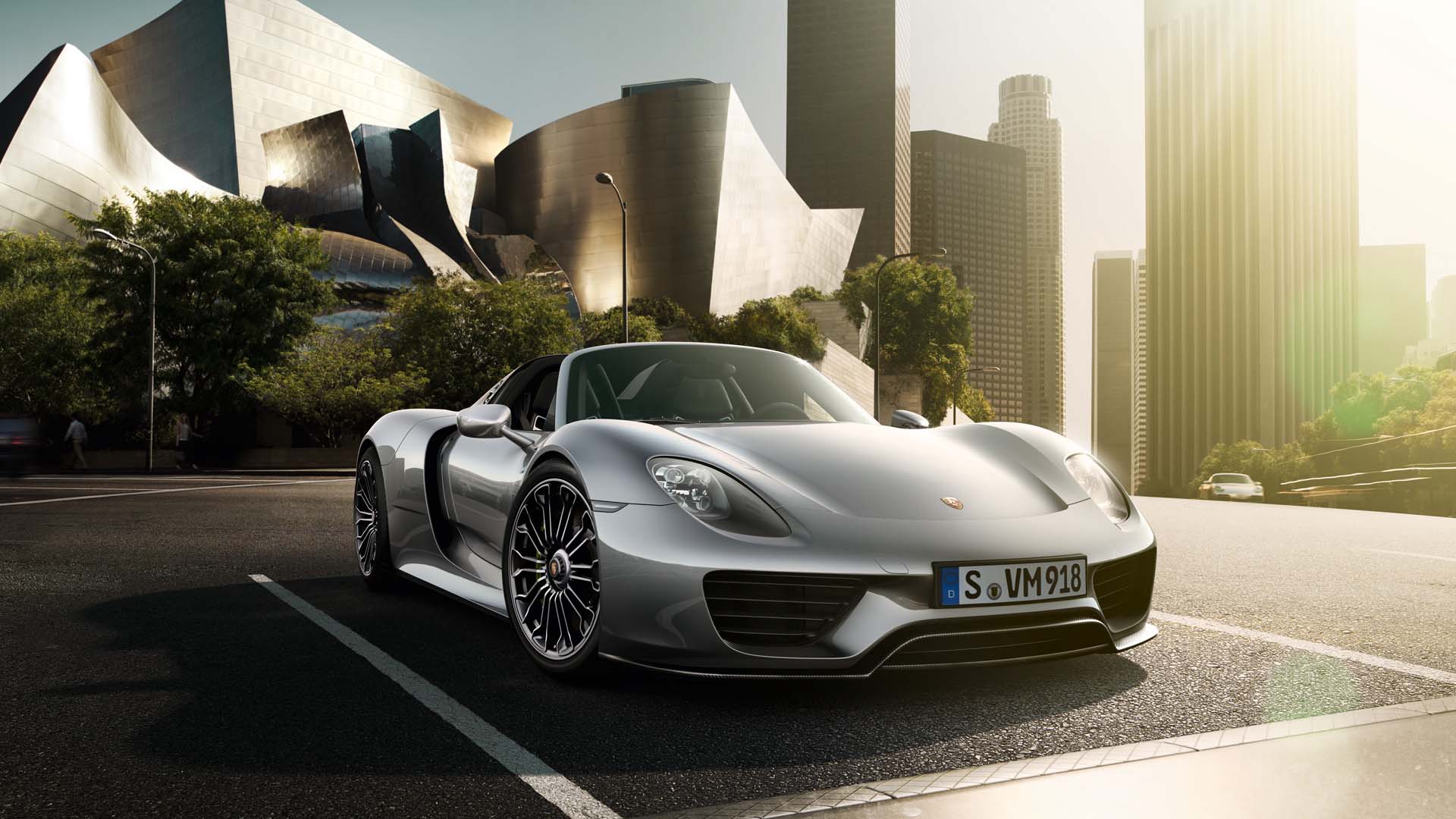 porsche 918 spyder parked city wallpaper desktop 
