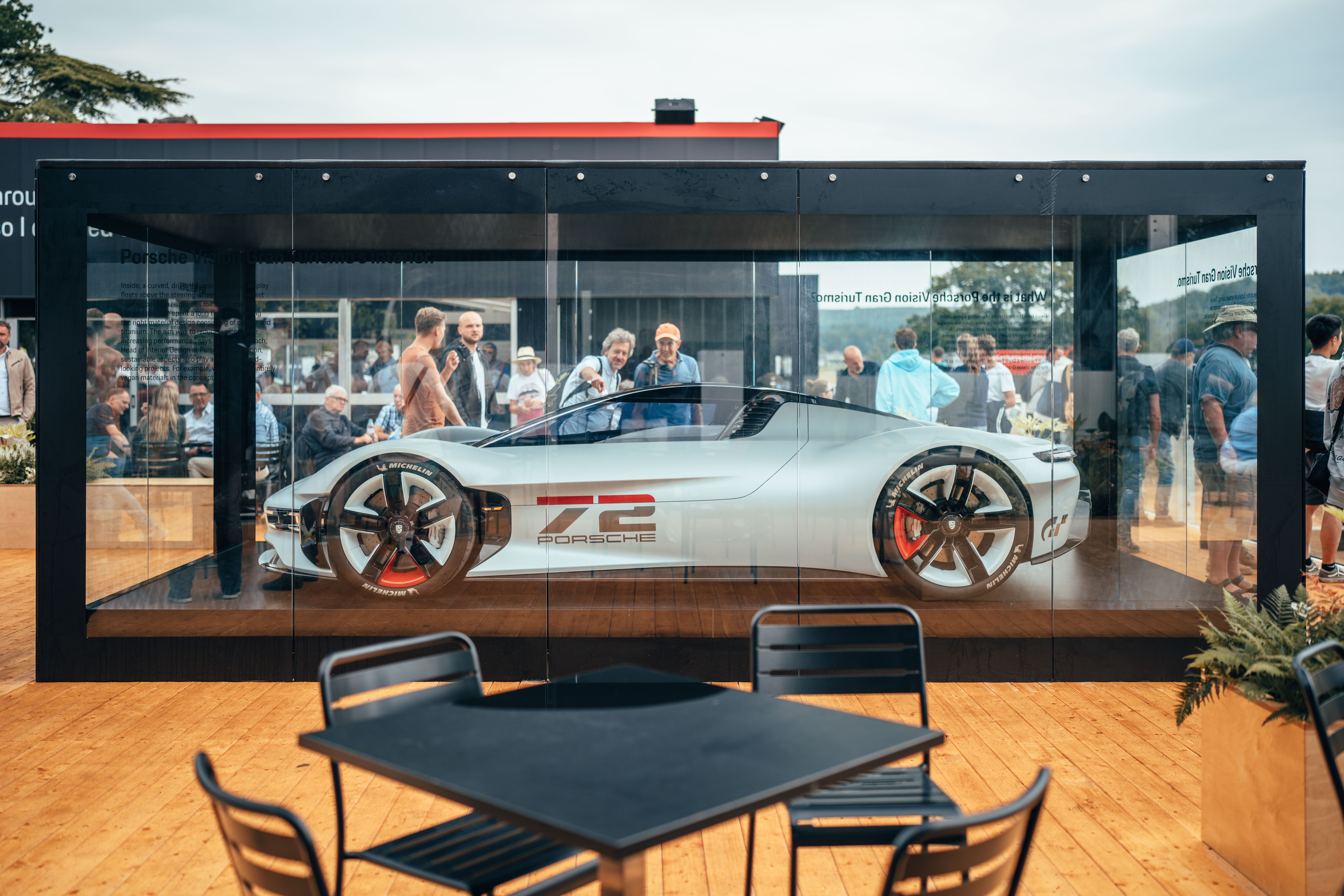 Porsche Vision Gran Turismo inside glass box at Goodwood Festival