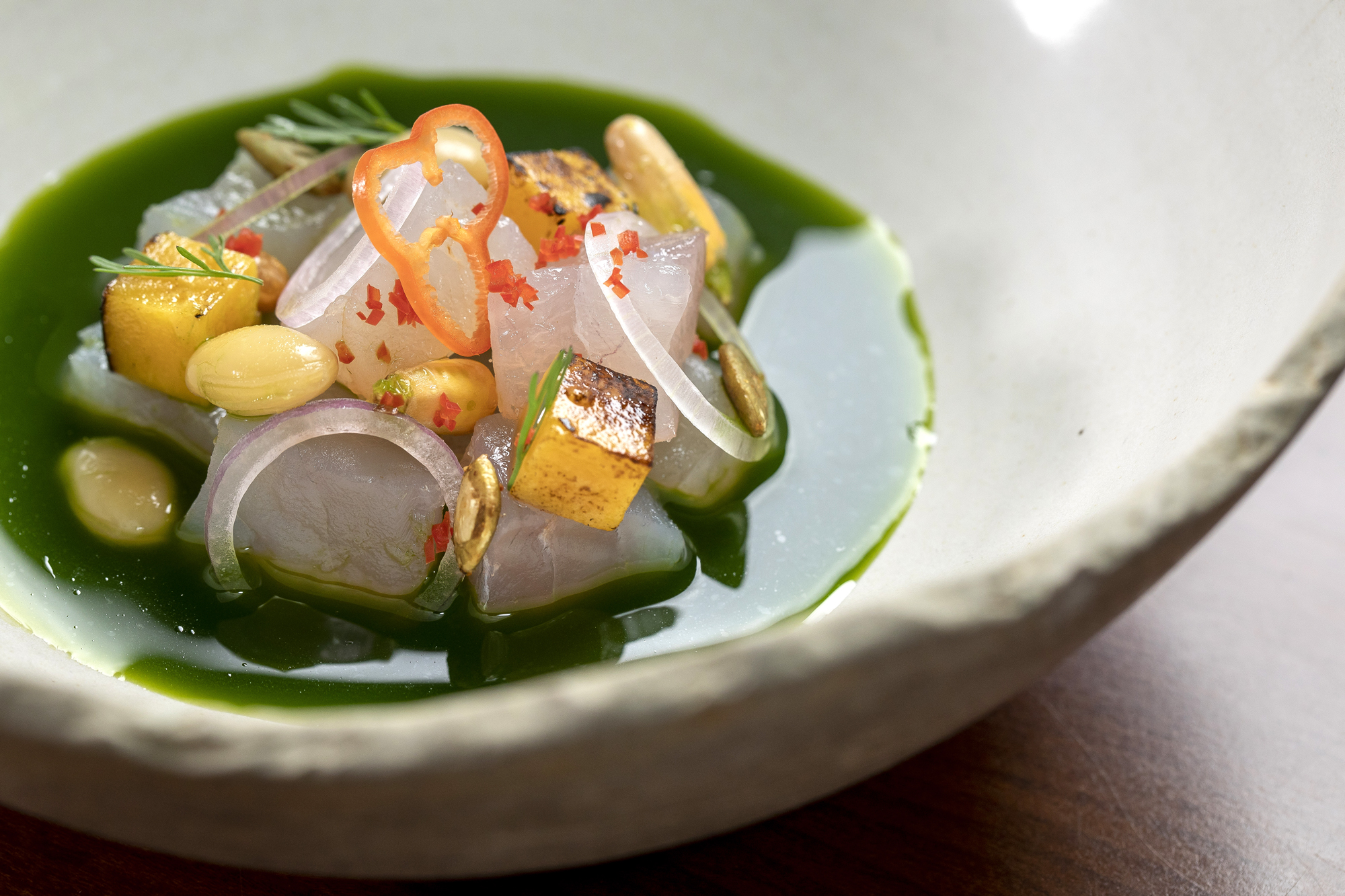 Plate of ceviche – raw fish dish with coriander and chilli