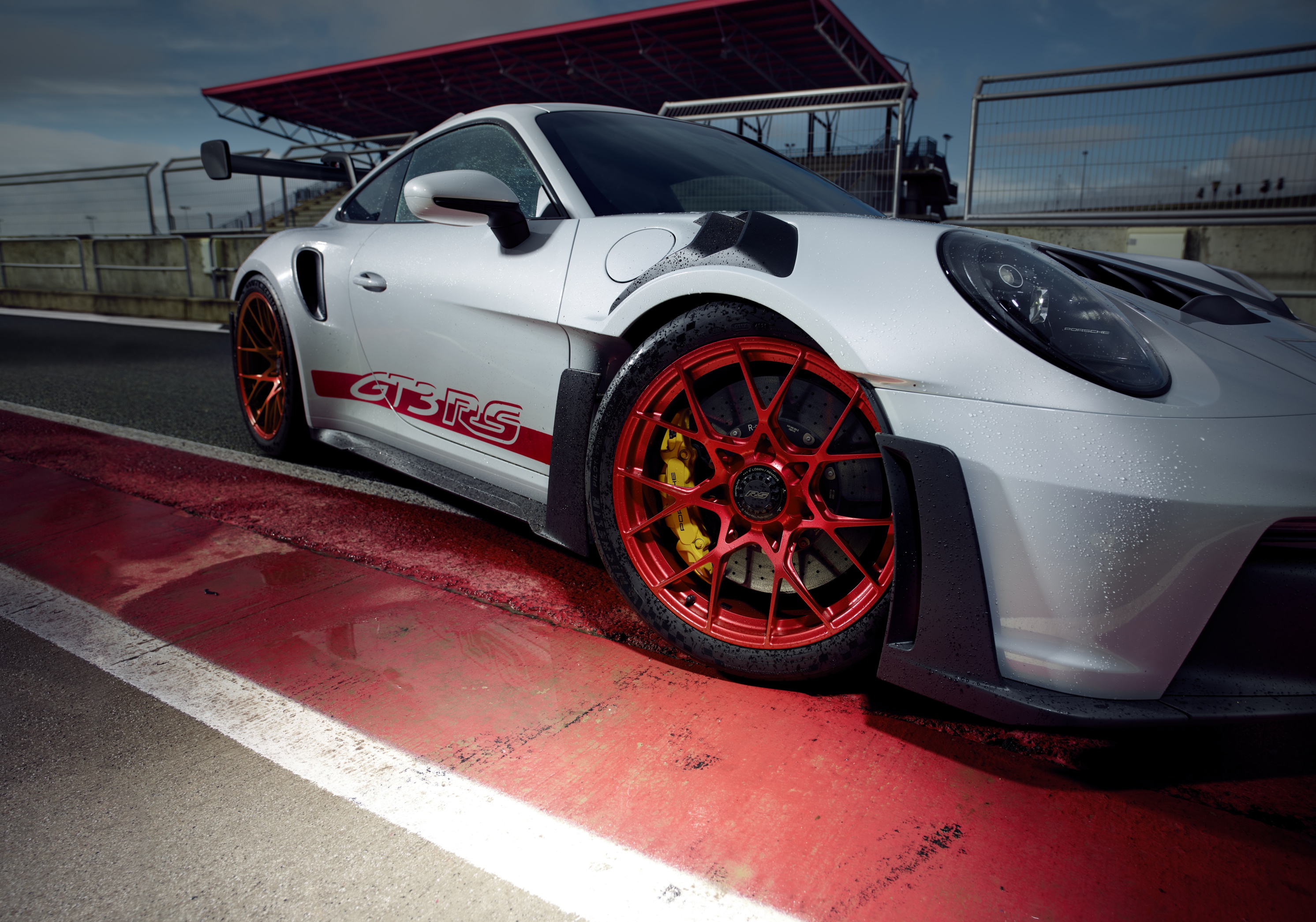 Close-up of Porsche 911 GT3 RS parked on racetrack