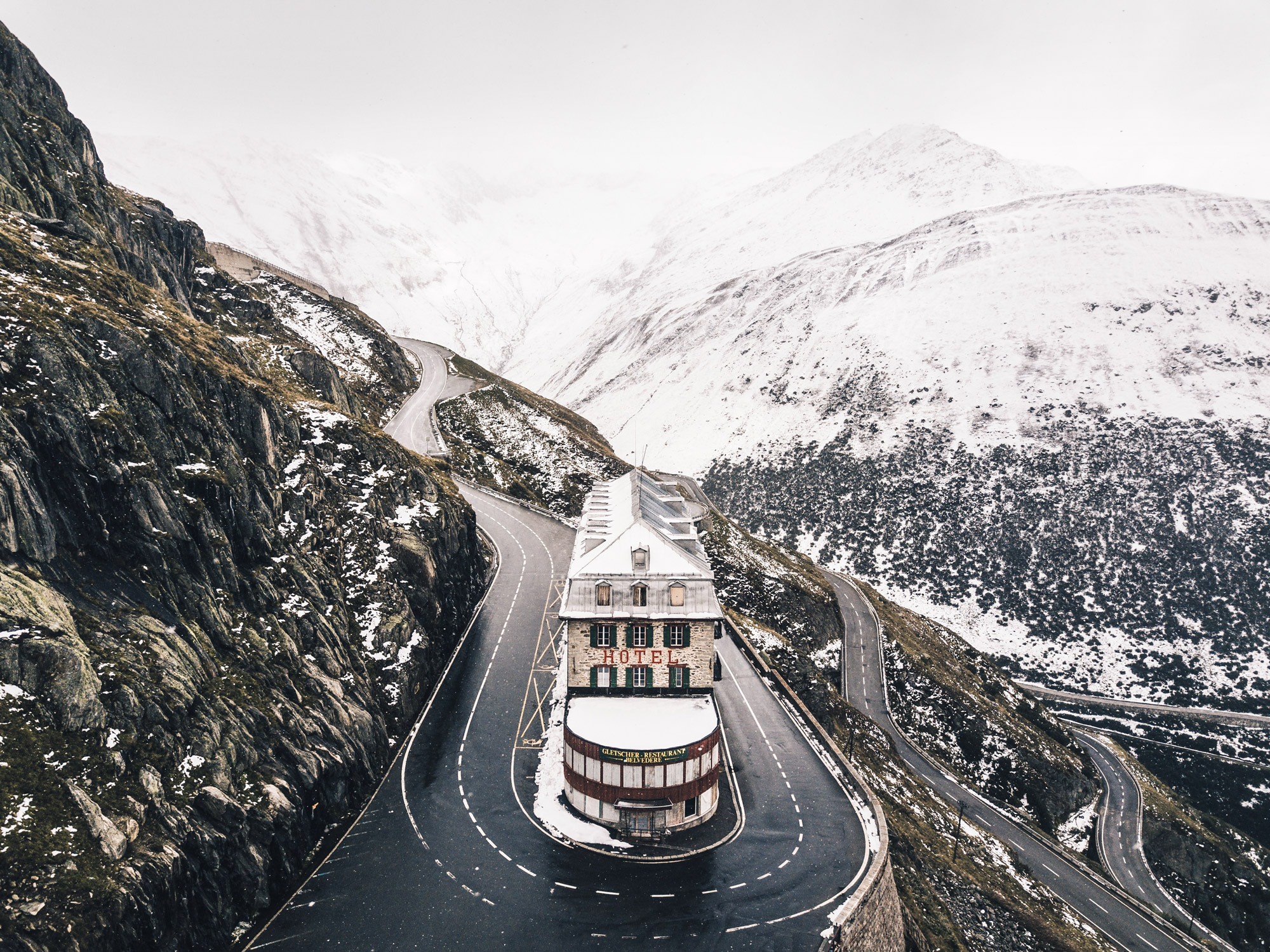 Hotel on hairpin bend at Furka Pass, Switzerland