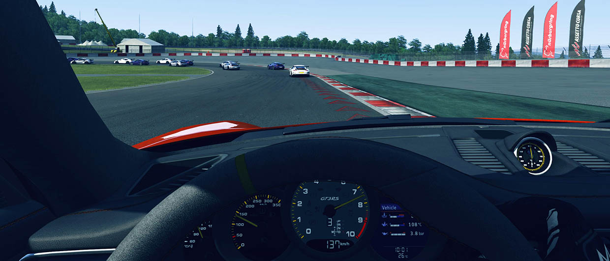 View of the race track from the virtual GT3 cockpit