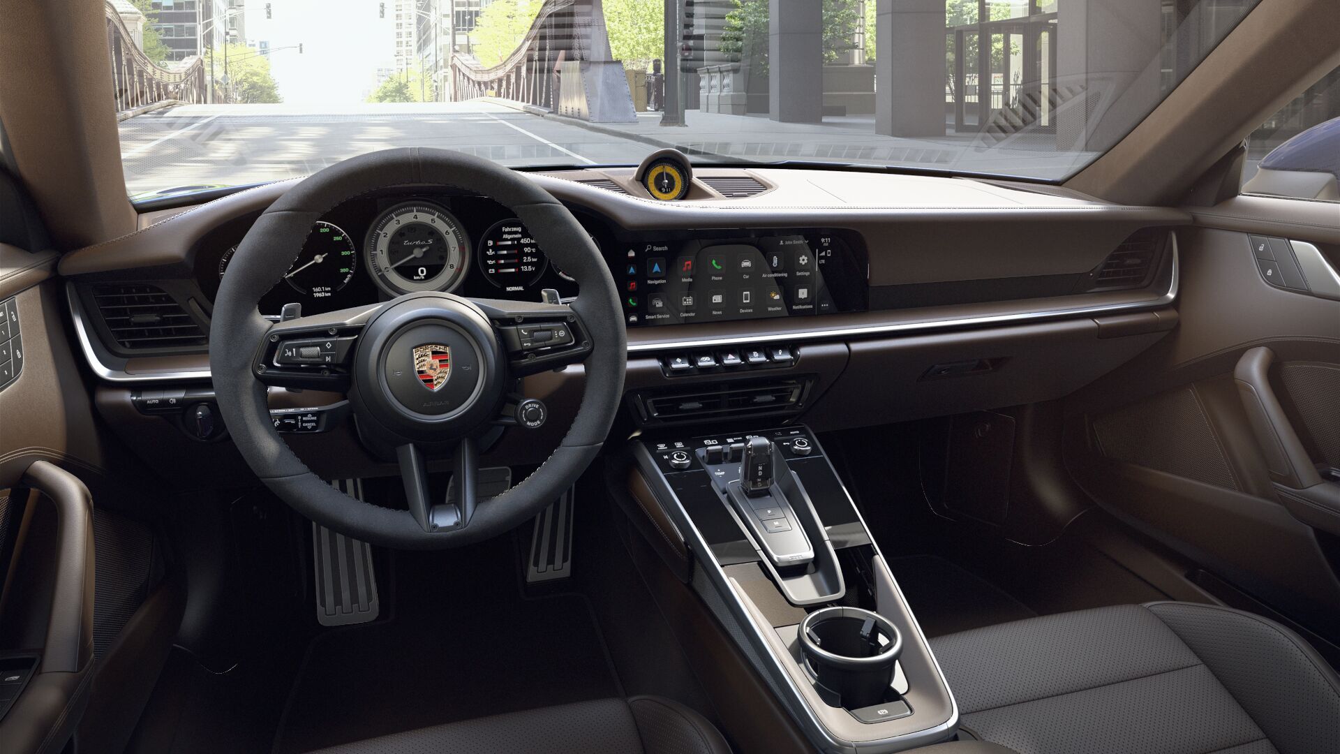 Cockpit view of Truffle Brown Porsche 911 interior