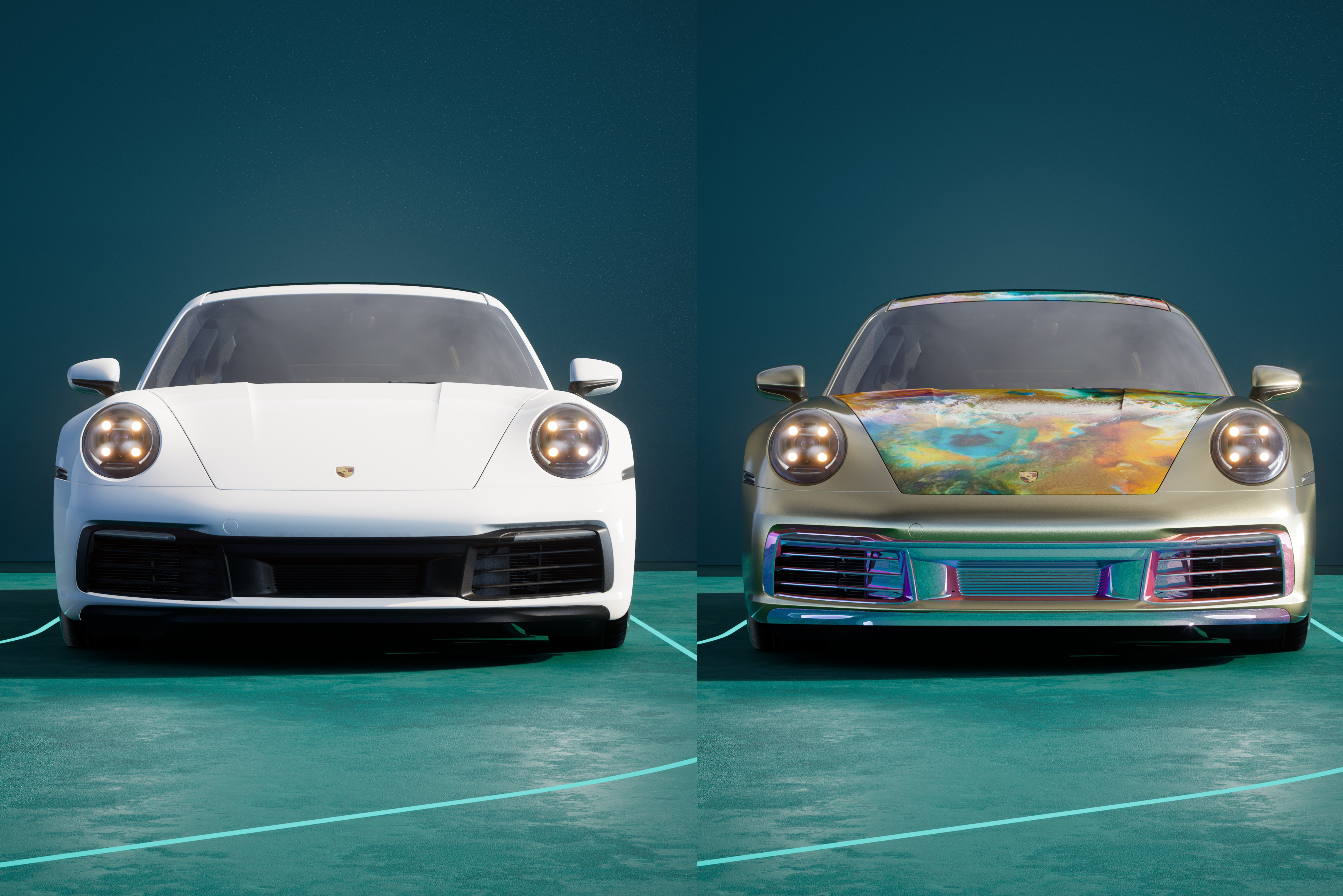 Two digital 911 Carreras: one white, one iridescent