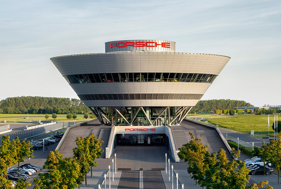 Striking modern building at Porsche plant at Leipzig