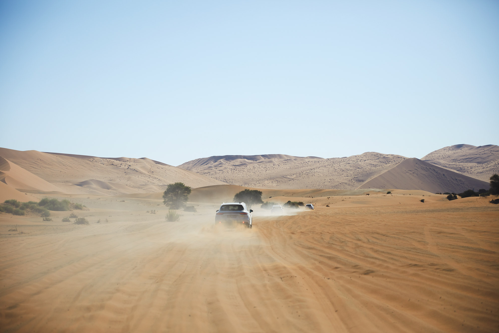 Porsche Cayenne drives through desert, kicking up sand