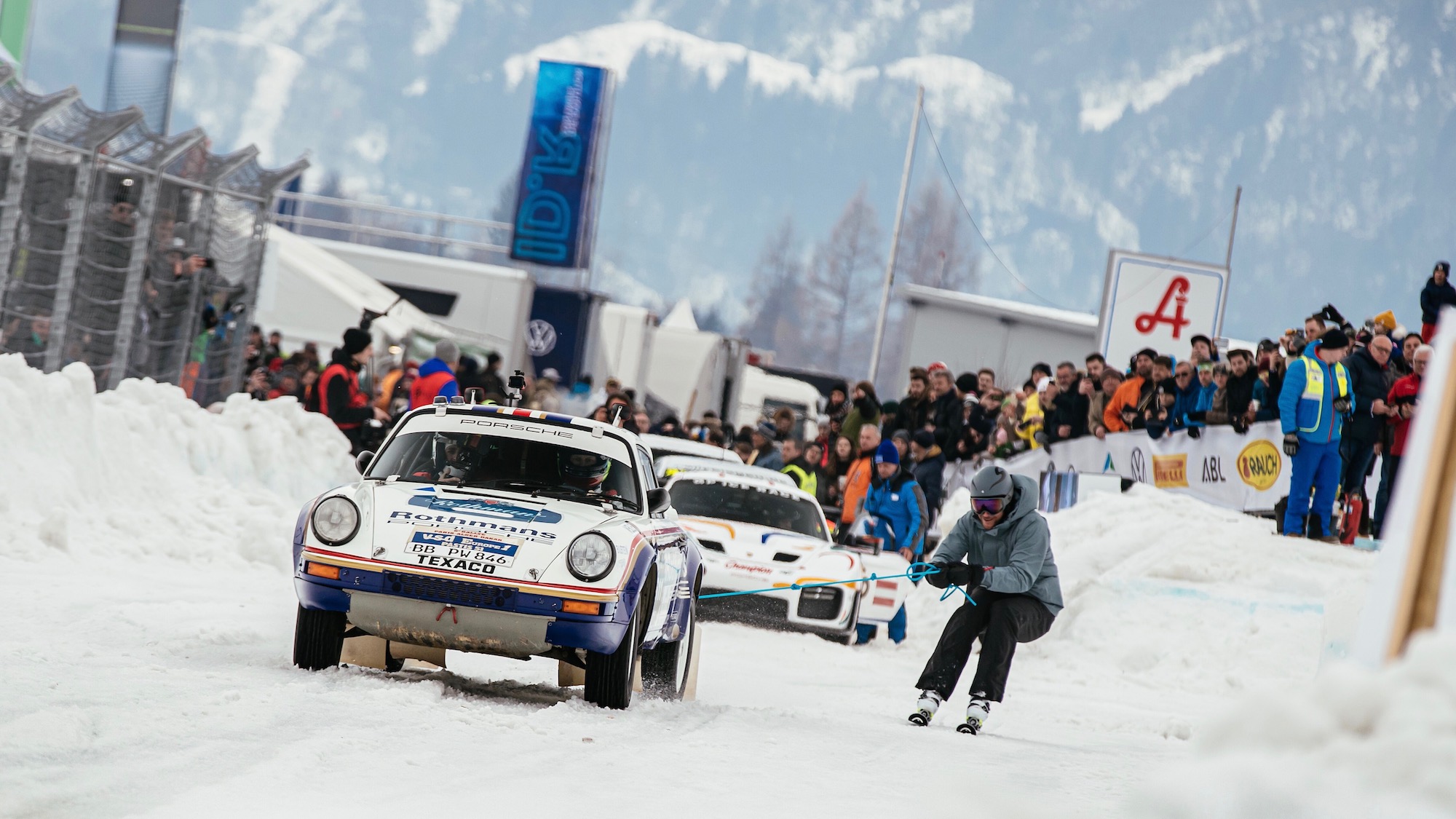 Skijoring with Porsche cars on snow in Zell am See