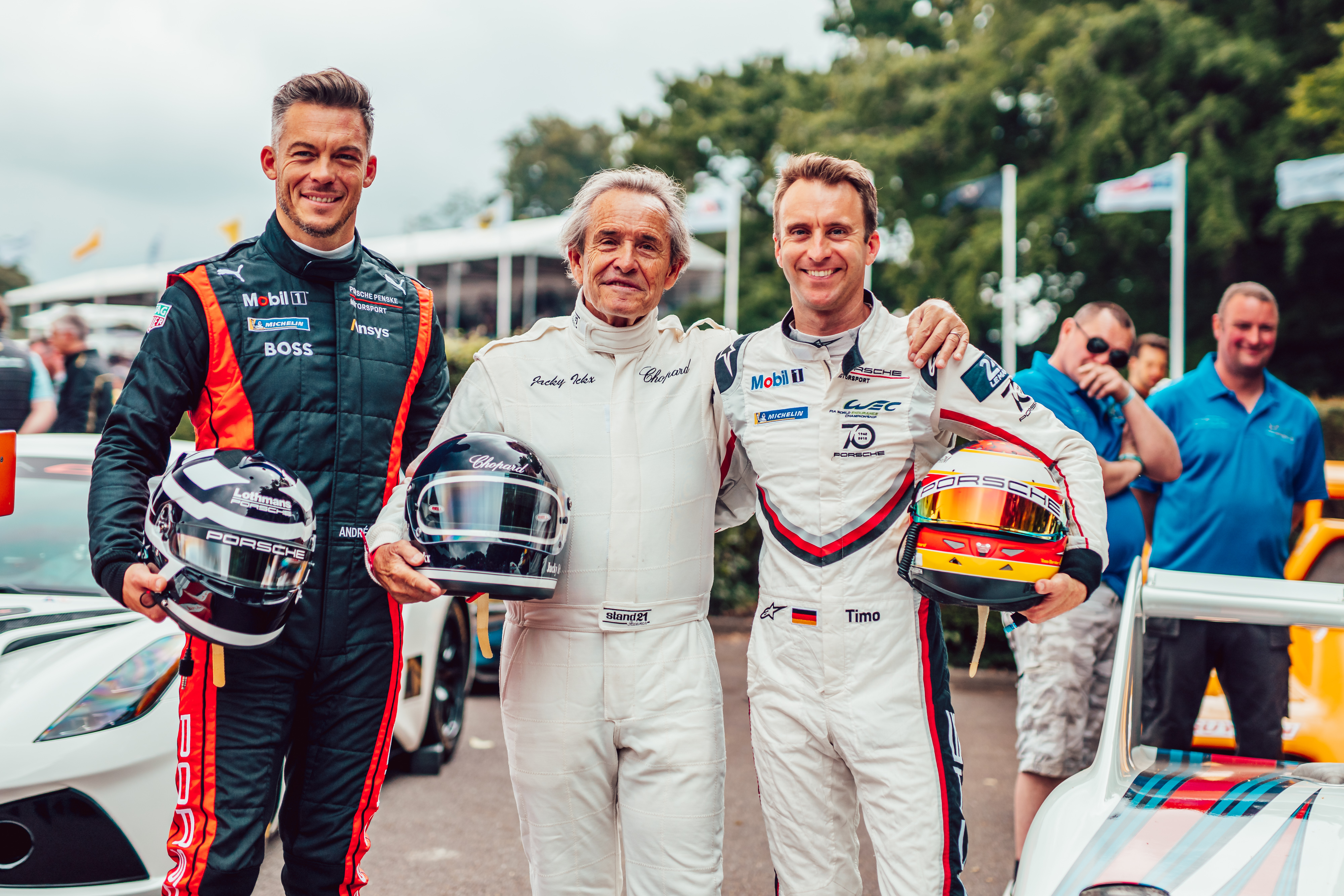 André Lotterer, Jacky Ickx and Timo Bernhard at Goodwood Festival