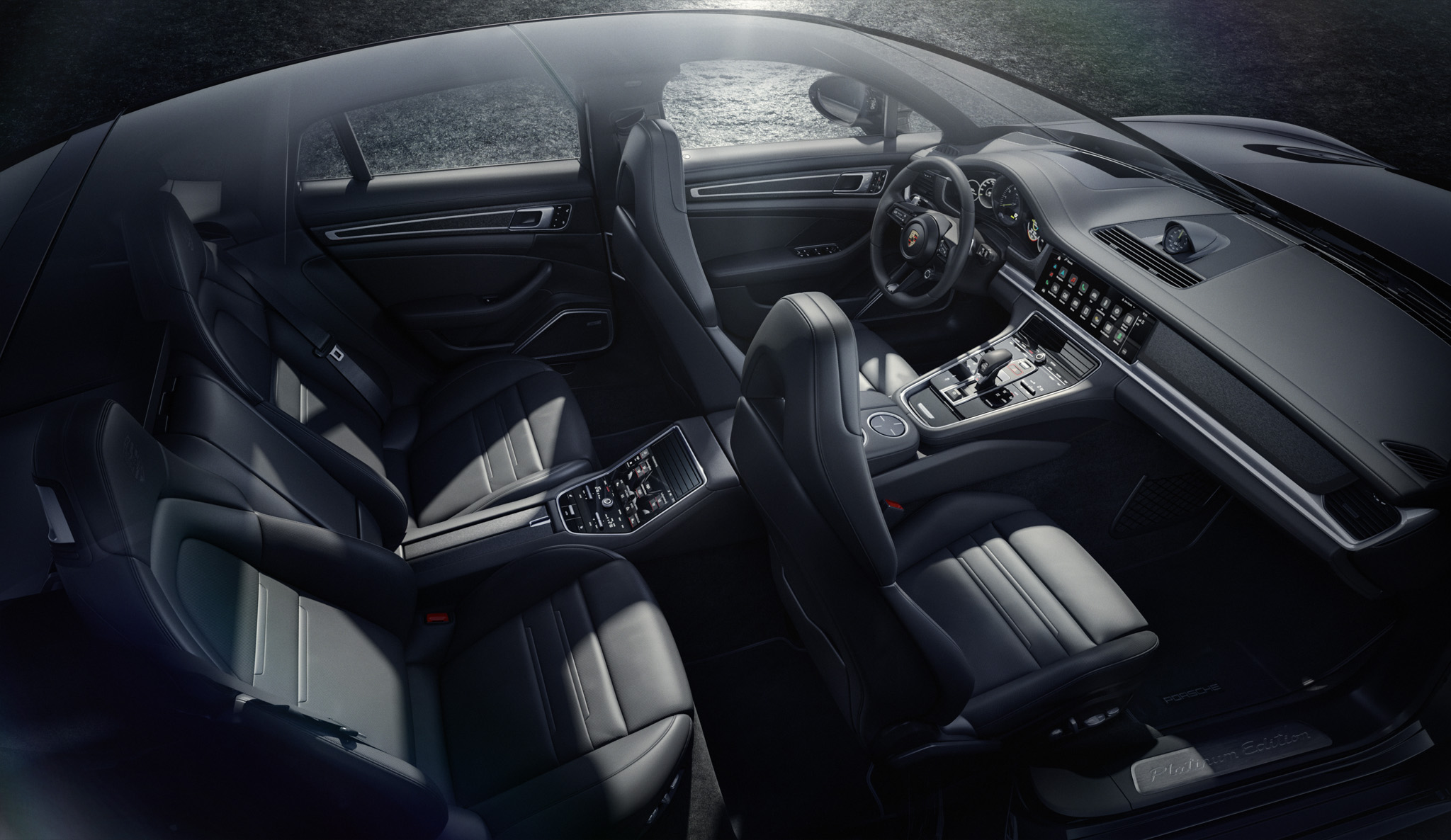 Black interior of four-seat Porsche Panamera 4 E-Hybrid Platinum Edition