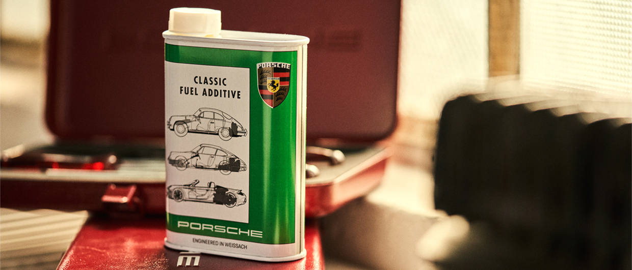 Classic car fuel additive sitting atop a toolbox