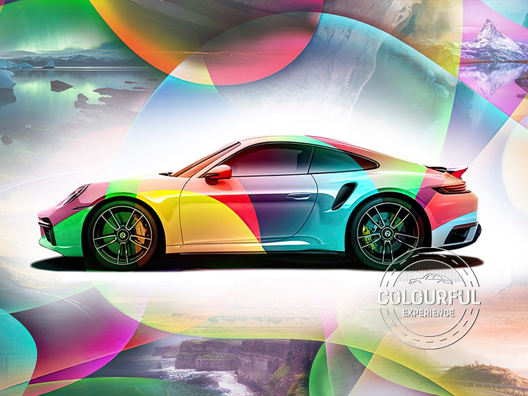 Multicoloured Porsche 911 set on colourful kaleidoscopic background