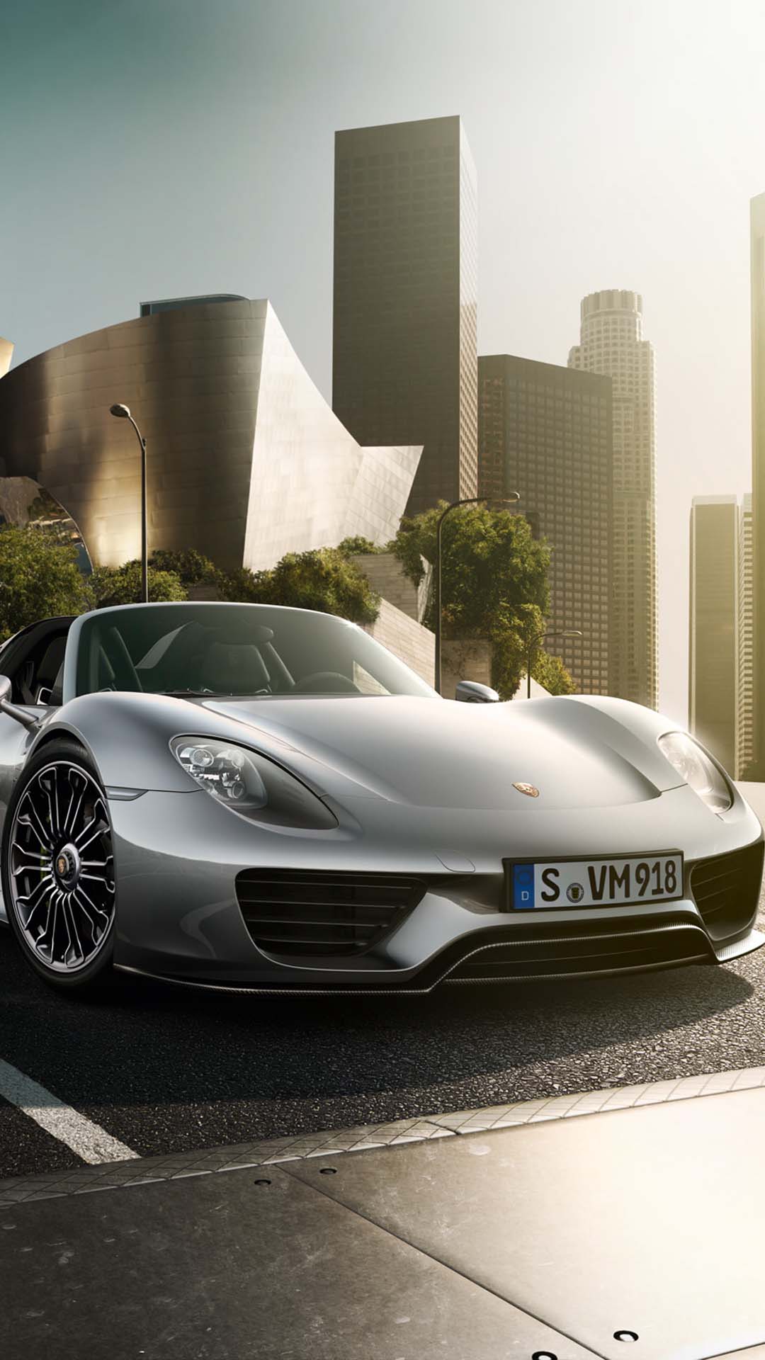 porsche 918 spyder parked city wallpaper mobile