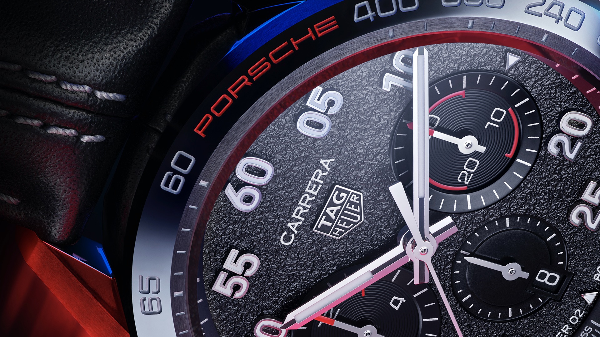 Detail of face of new TAG Heuer Carrera Porsche Chronograph