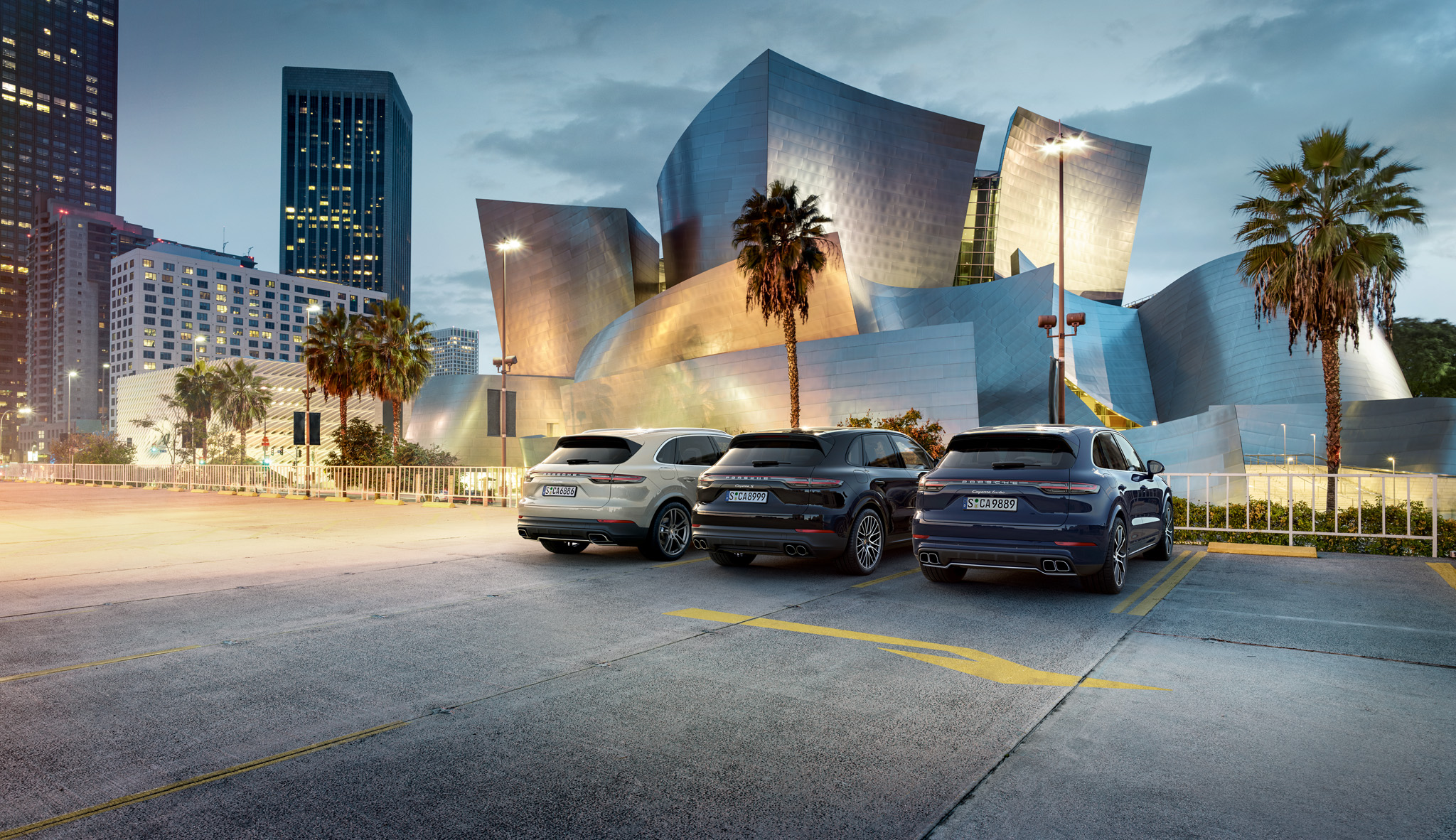 Porsche Cayenne model range, LA County Museum of Art behind