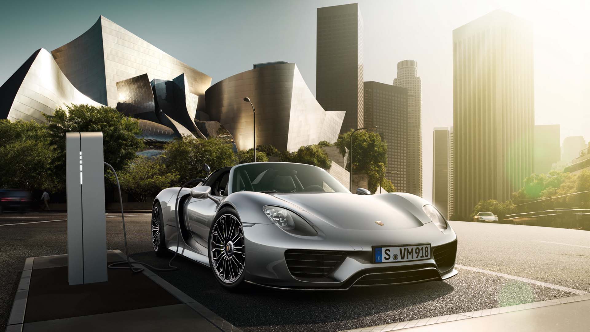 porsche 918 spyder charging city wallpaper desktop 