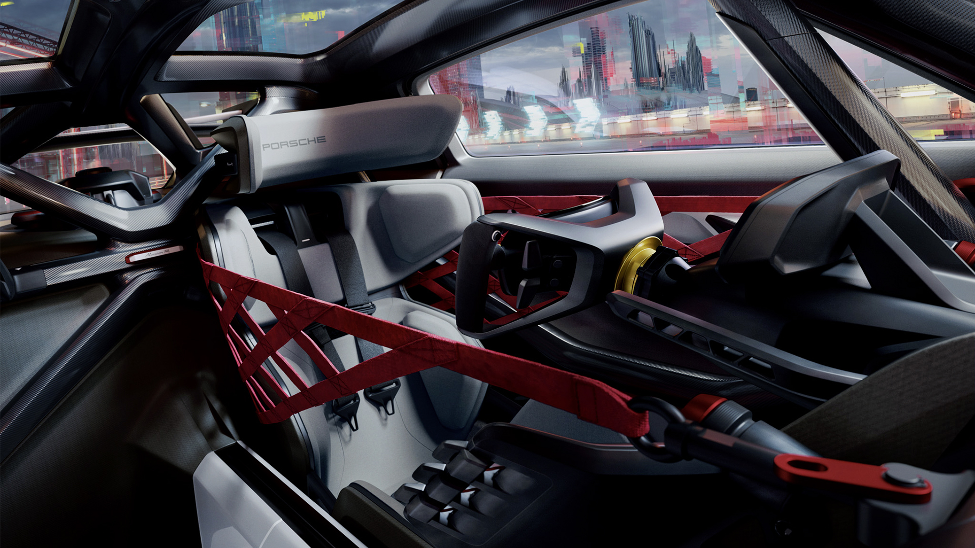 Interior view of cockpit of Mission R concept study racecar