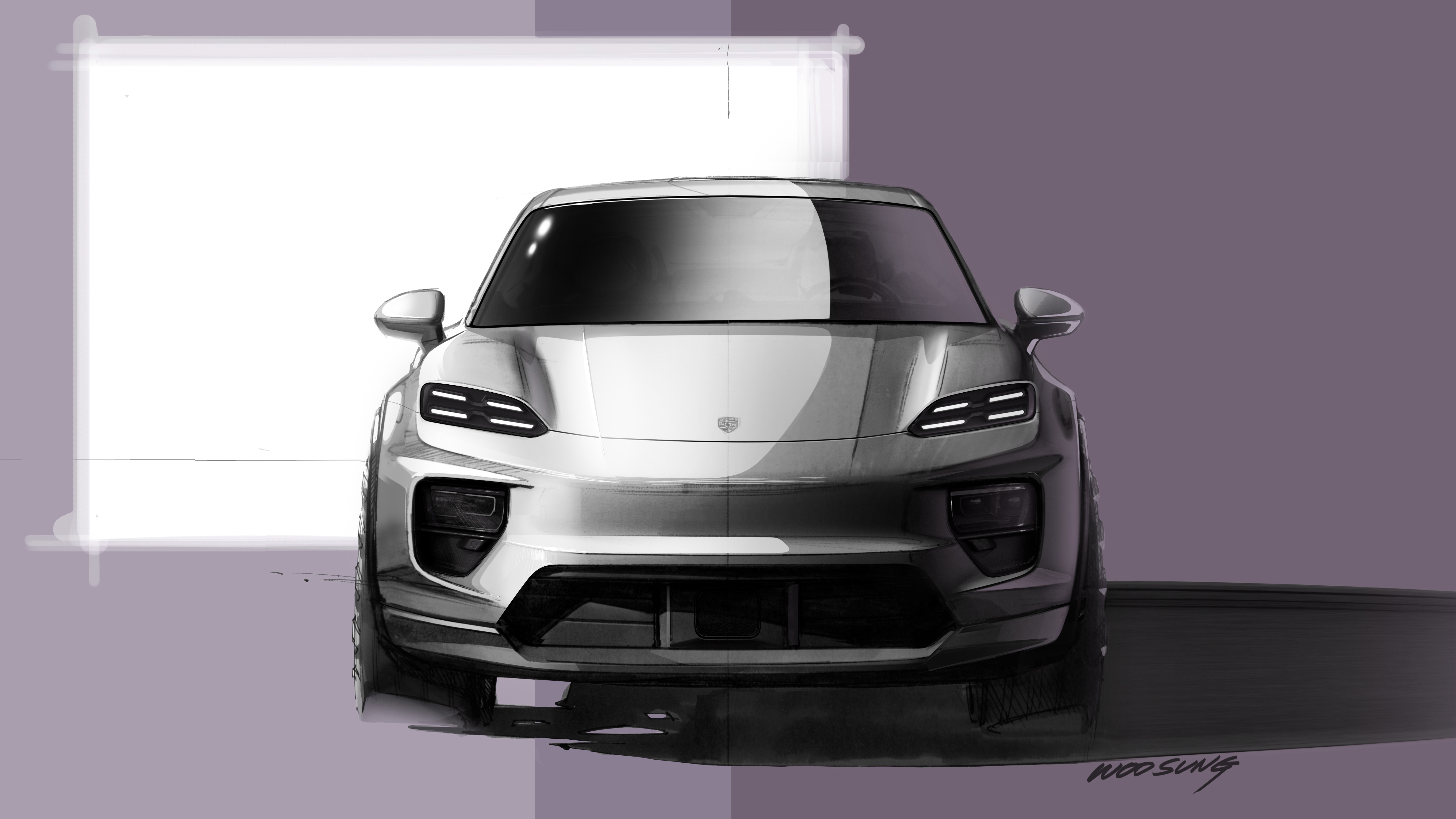 Sketch drawing of front of electric Porsche Macan