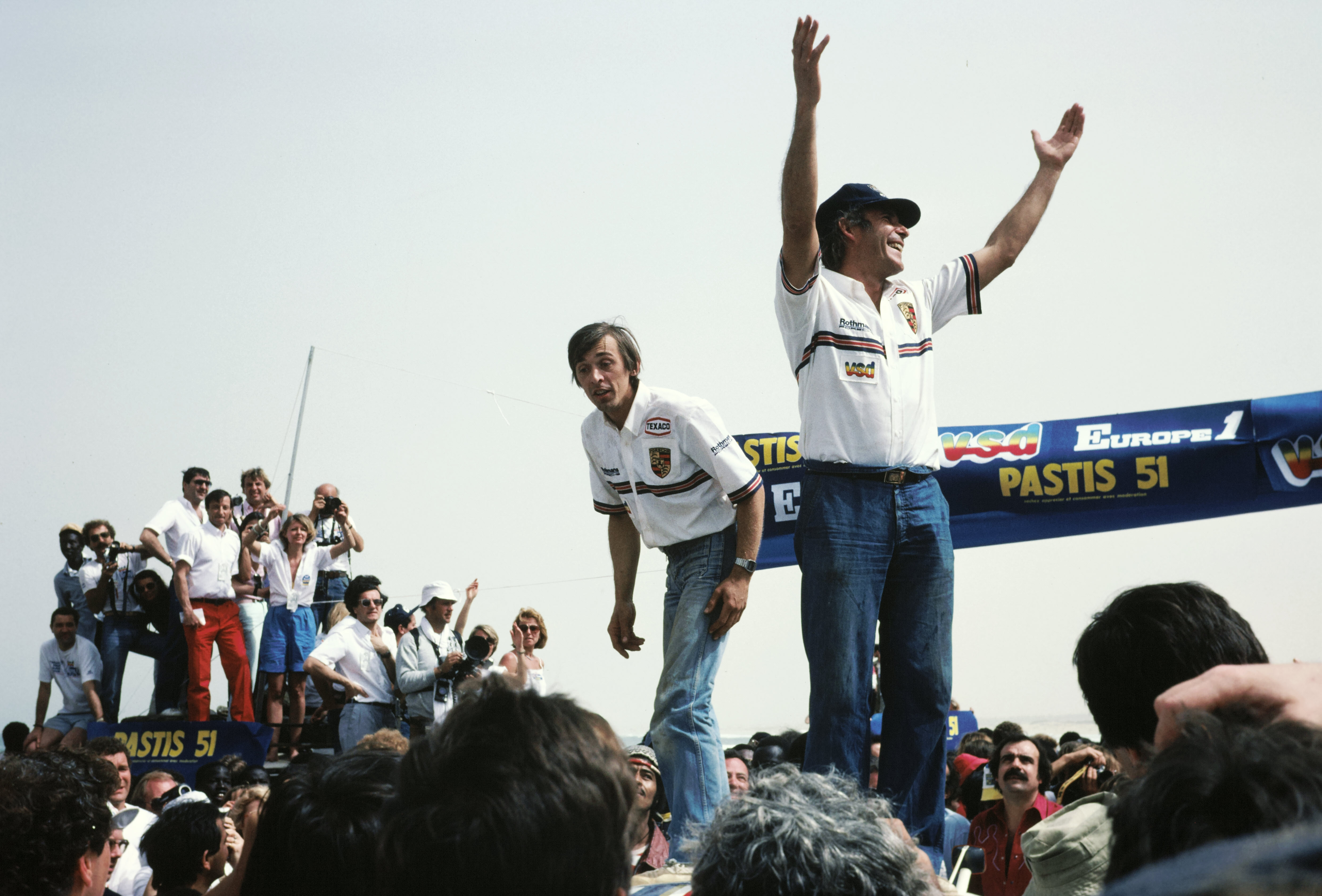 René Metge and Dominique Lemoyne celebrate at 1984 Paris-Dakar Rally