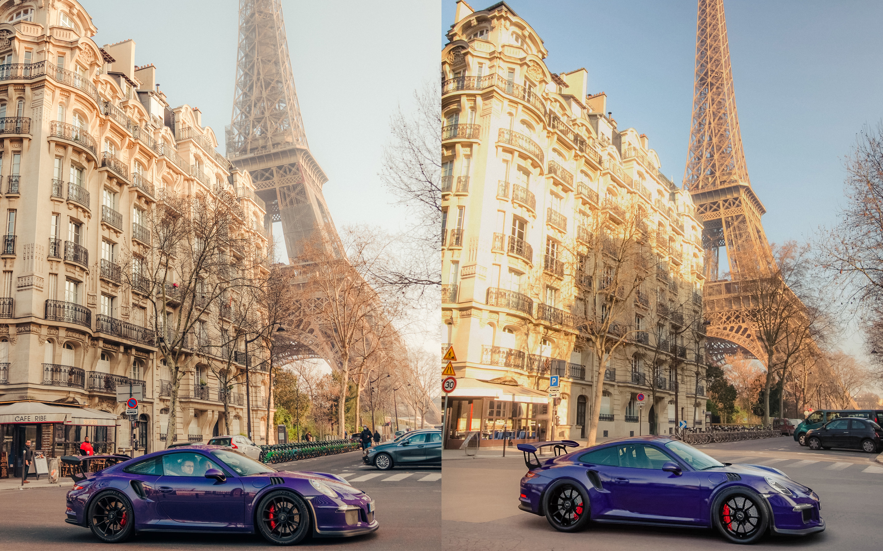 CGI GT3 RS and real car, Eiffel Tower behind