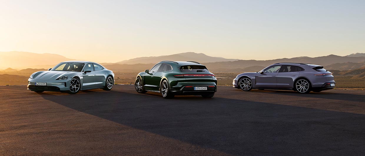 Line-up of three Porsche Taycan all-electric cars