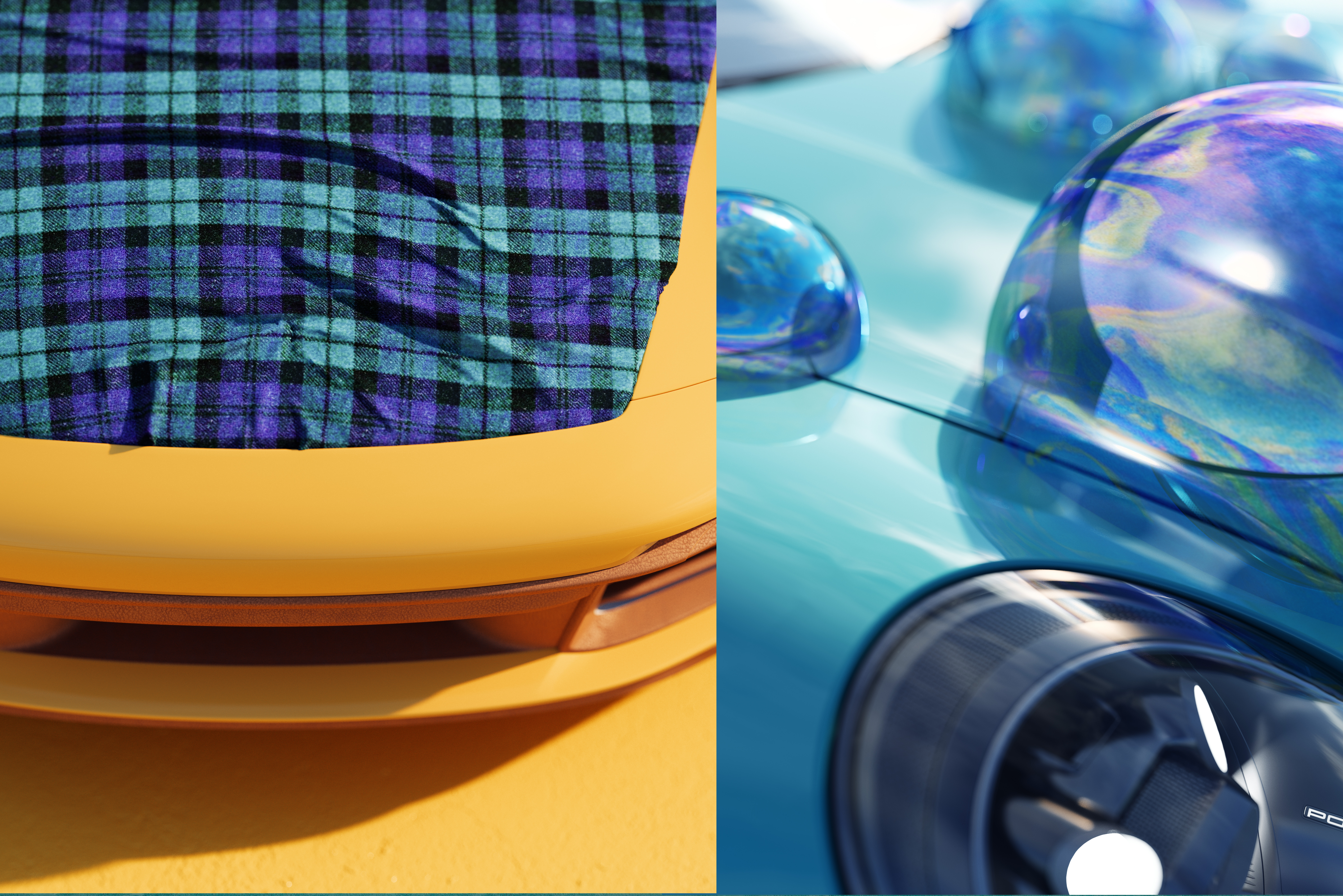 A yellow Porsche with tartan bonnet and blue Porsche with iridescent bubbles